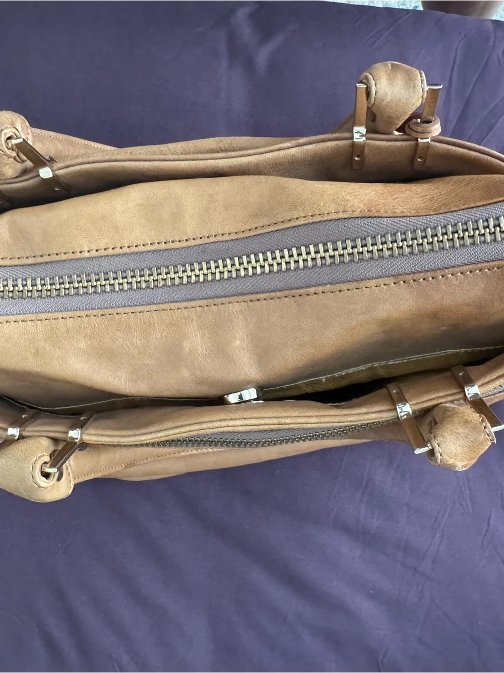 Tre Vero Cognac Leather Satchel with Gold Hardware